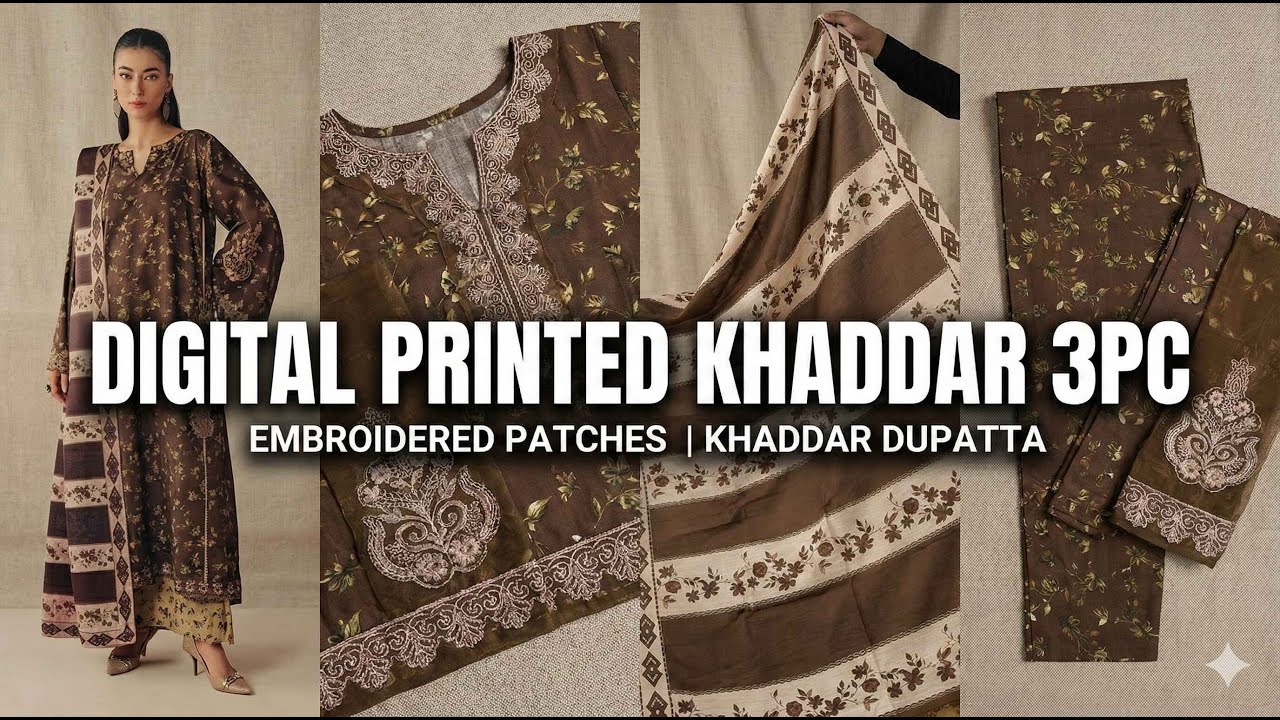Baroque Winter Collection 2026  |  Printed Khaddar Karandi 3PC Suit with Embroidered Organza Patches