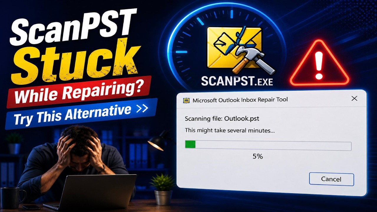 ScanPST завис при восстановлении файла Outlook PST?