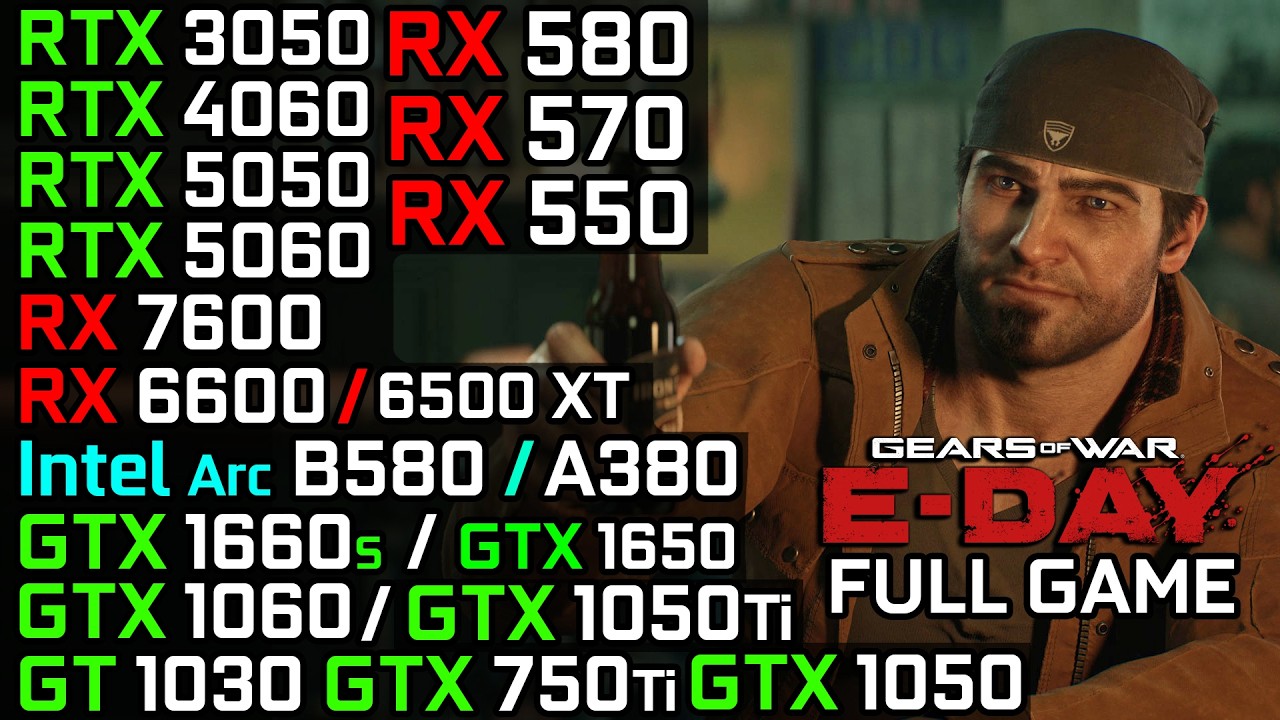 Gears of War E-Day - RTX 3050 6GB, RX 580, GTX 1050 Ti, RX 7600, RX 6600, RTX 4060, GTX 1060