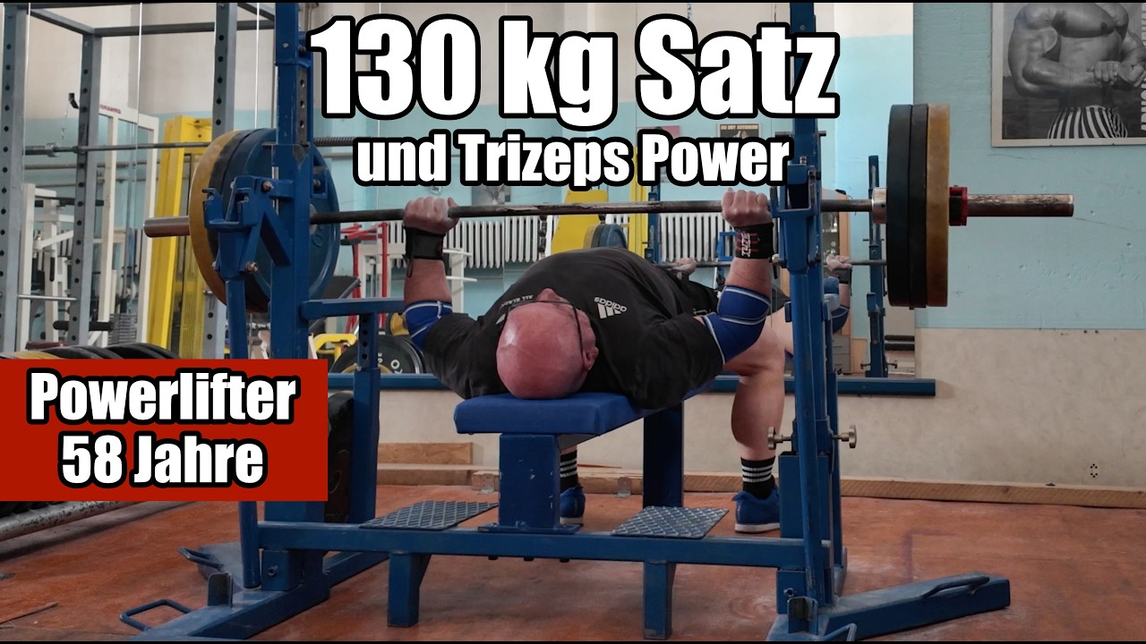Bankdrücken mit 130 kg auf Wiederholungen, danach Attacke auf die Trizeps - Powerlifter 58 Jahre