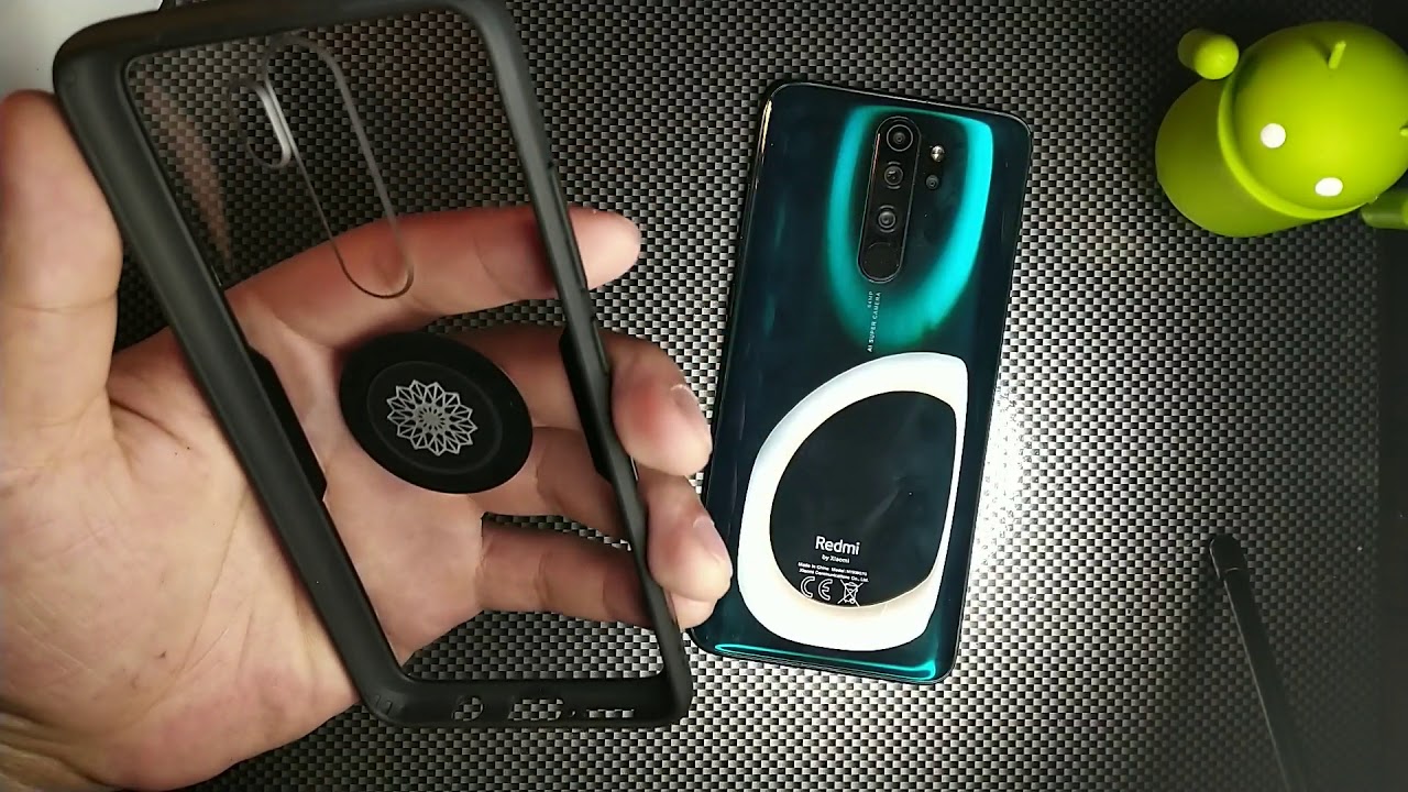 Xiaomi Redmi Note 8 Pro (Black carbon fiber) Slim Case with Clear Back and [360° Ring Stand]