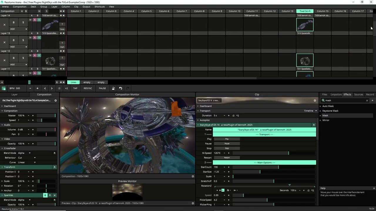 2 free Resolume Arena plugins as a Stary Nightsyke BG for my TiXEL TUTO Part 1 of 3