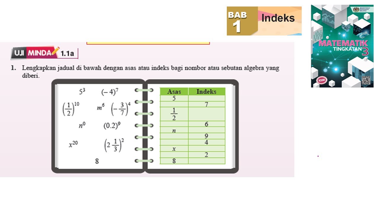 KSSM Matematik Tingkatan 3 Bab 1 indeks asas atau indeks uji minda 1.1a no1 buku teks