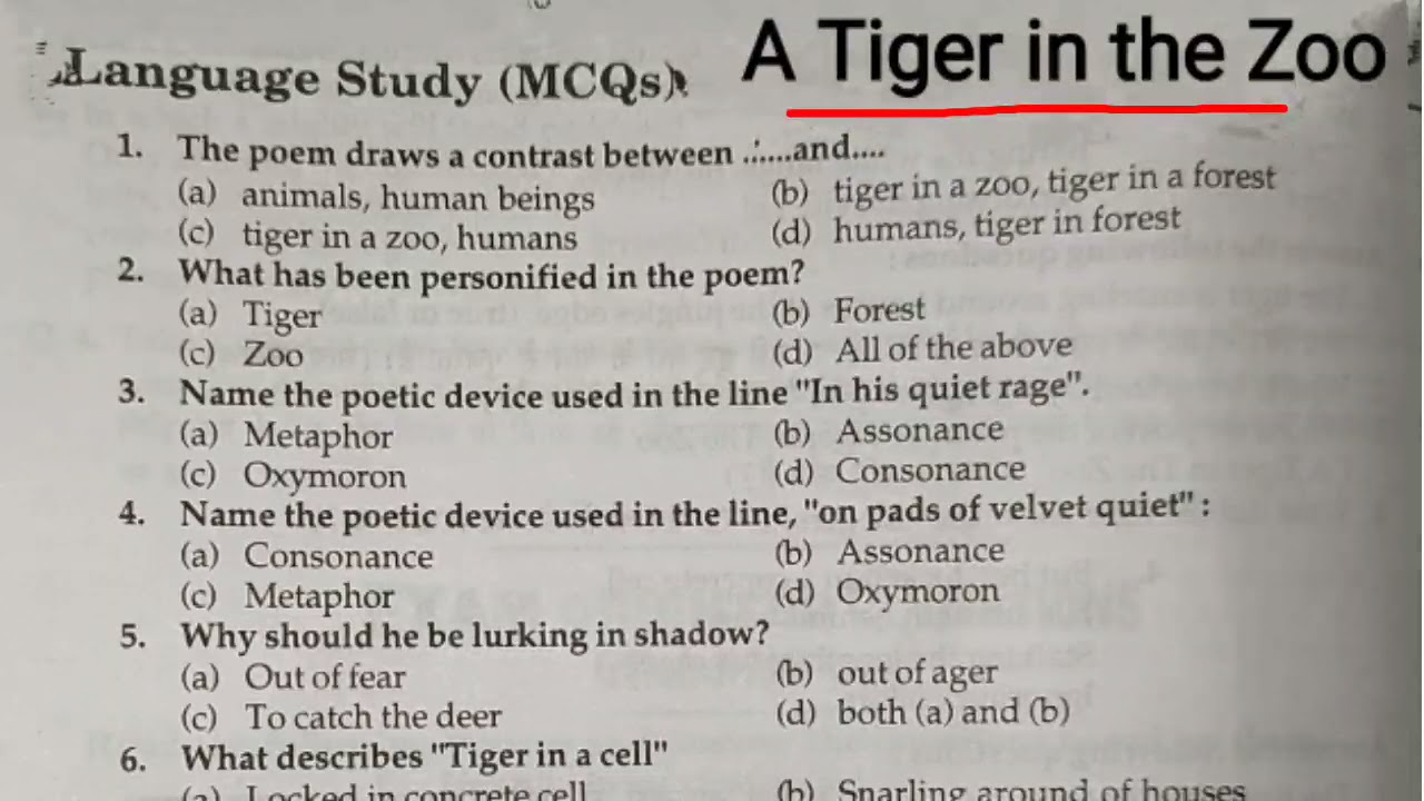 A Tiger in the Zoo Mcq Class 10th | Mcq of A Tiger in the Zoo | A Tiger in the Zoo Mcq in hindi |