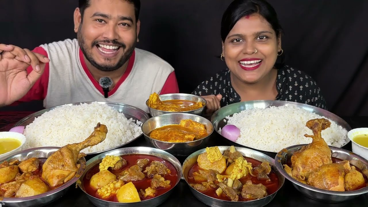 mutton curry, chicken curry, egg soyabean curry and rice eating challenge