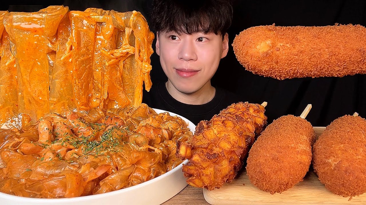 SUB) Корейская пряная розовая широкая стеклянная лапша и корн-дог мукбанг асмр
