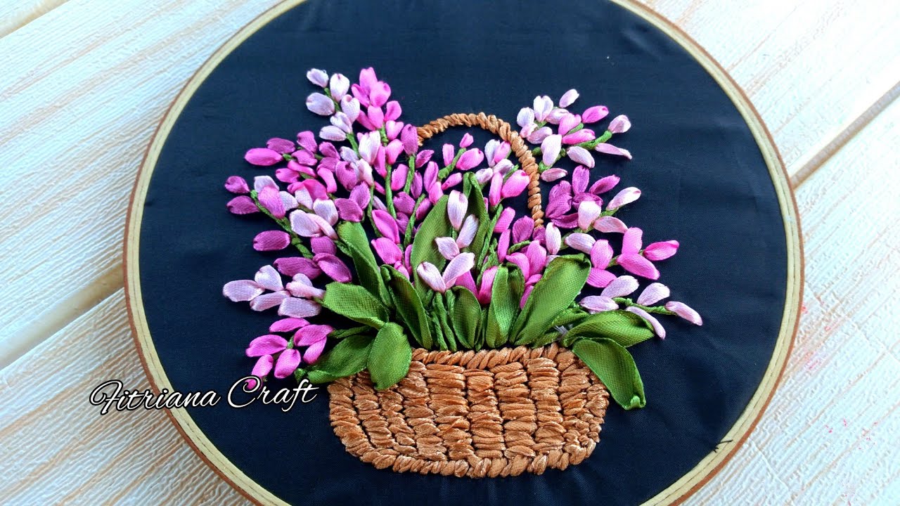 Tutorial Sulam pita Keranjang Bunga untuk pemula|flower basket ribbon embroidery design.