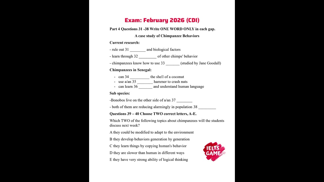 CD IELTS Listening Exam Questions Part 4 | February 2026 | A case study of Chimpanzee Behaviors 