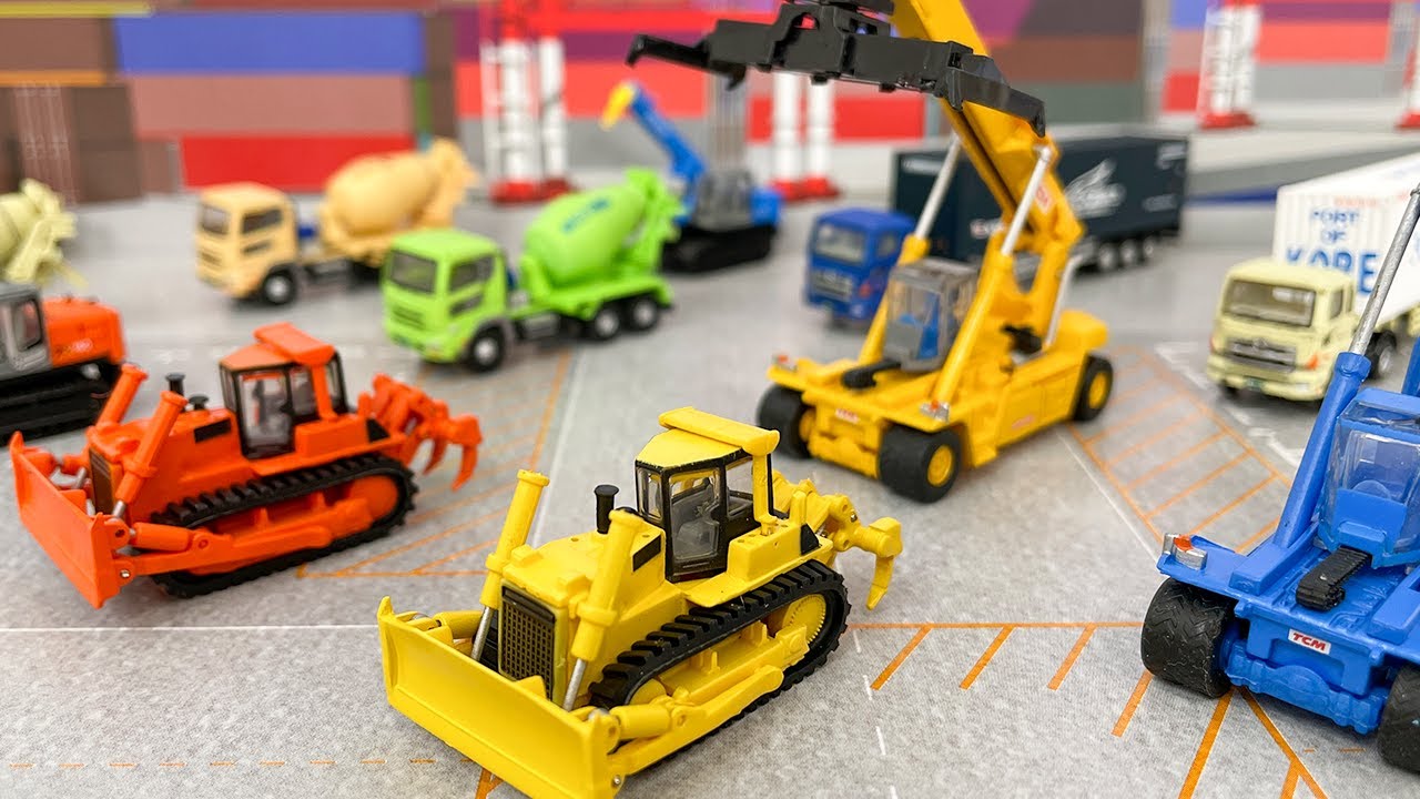 Nゲージ用建機＆車両！「ザ・建機 第3弾」リーチスタッカー、クローラークレーン、ブルドーザー、ミキサー車、40ftコンテナトレーラー！Nスケール模型の工事現場や、はたらくくるま、乗り物のレイアウトに♪