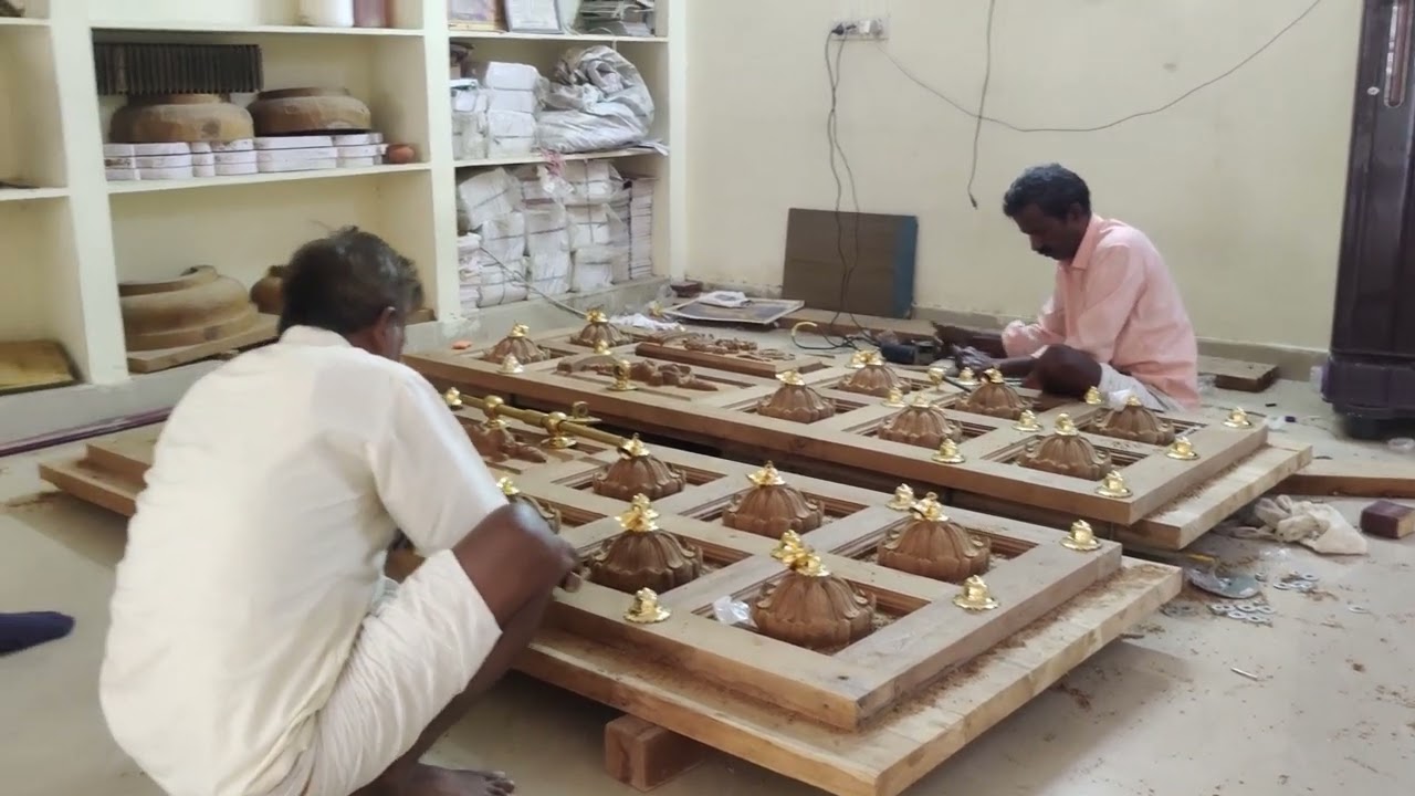 22-11-2023 Temple wooden carved main doors items. Yadadri Stapathi Sundara Rajan ji supervising.