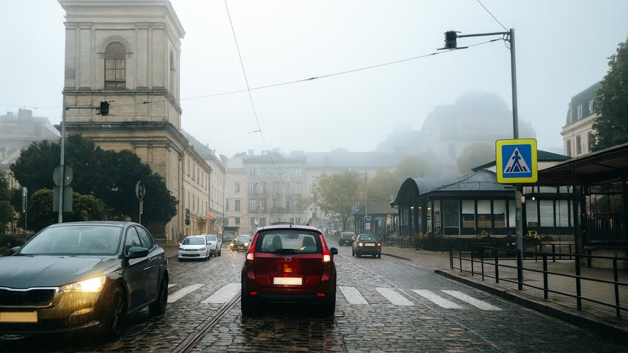 Туманний Львів.  Ранкова поїздка від памʼятника Данилу Галицькому | Foggy Lviv Morning Drive