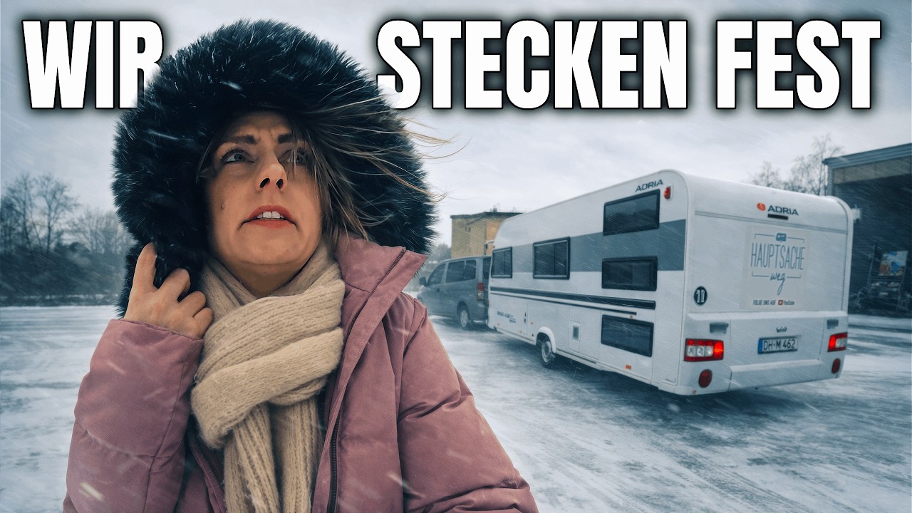 Wintercamping & Eisiger Wintersturm Abreise zum nächsten Campingplatz - Wohnwagen winterfest machen