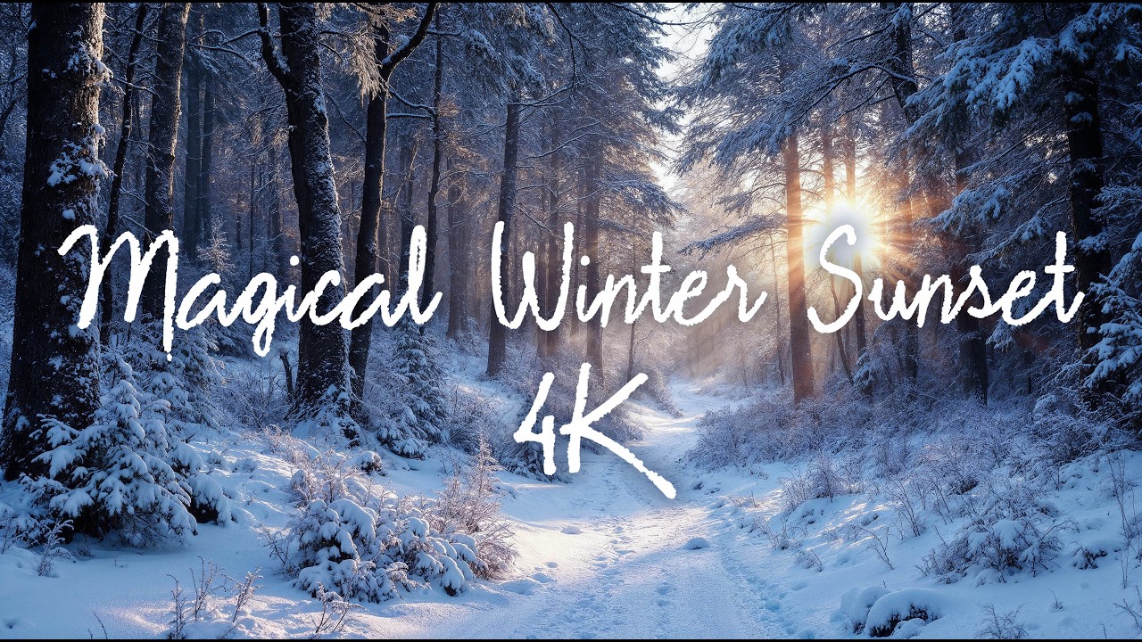 Magical Winter Sunset in Snow-Covered Woods | 1H Calming Ambience & Nature Sounds | Deep Relaxation