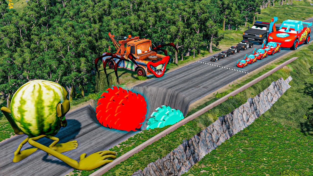 Big & Small McQueen & Police Car vs Zombie Tow Mater, Giant Hole & Saws BeamNG.drive