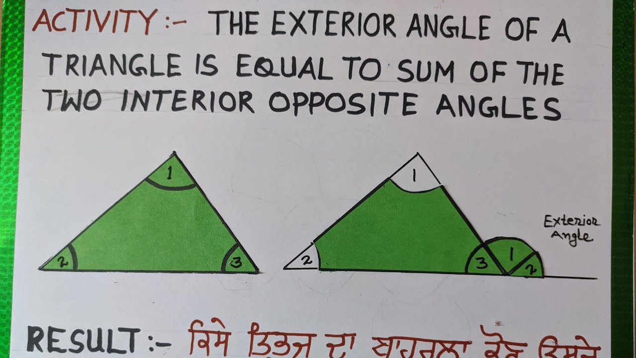 Activity:- Exterior angle of a triangle is equal to the sum of two  interior opposite angles
