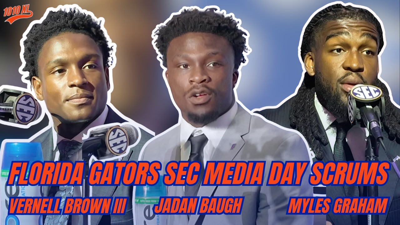 Джадан Бо, Вернелл Браун III и Майлз Грэм из Florida Gators общаются с прессой на медиа-дне SEC 2...