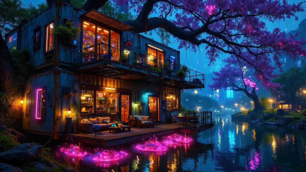 Lofi Ambient – Cozy Container Home on Neon River with Gentle Rain | Relaxing Study & Sleep | 4K