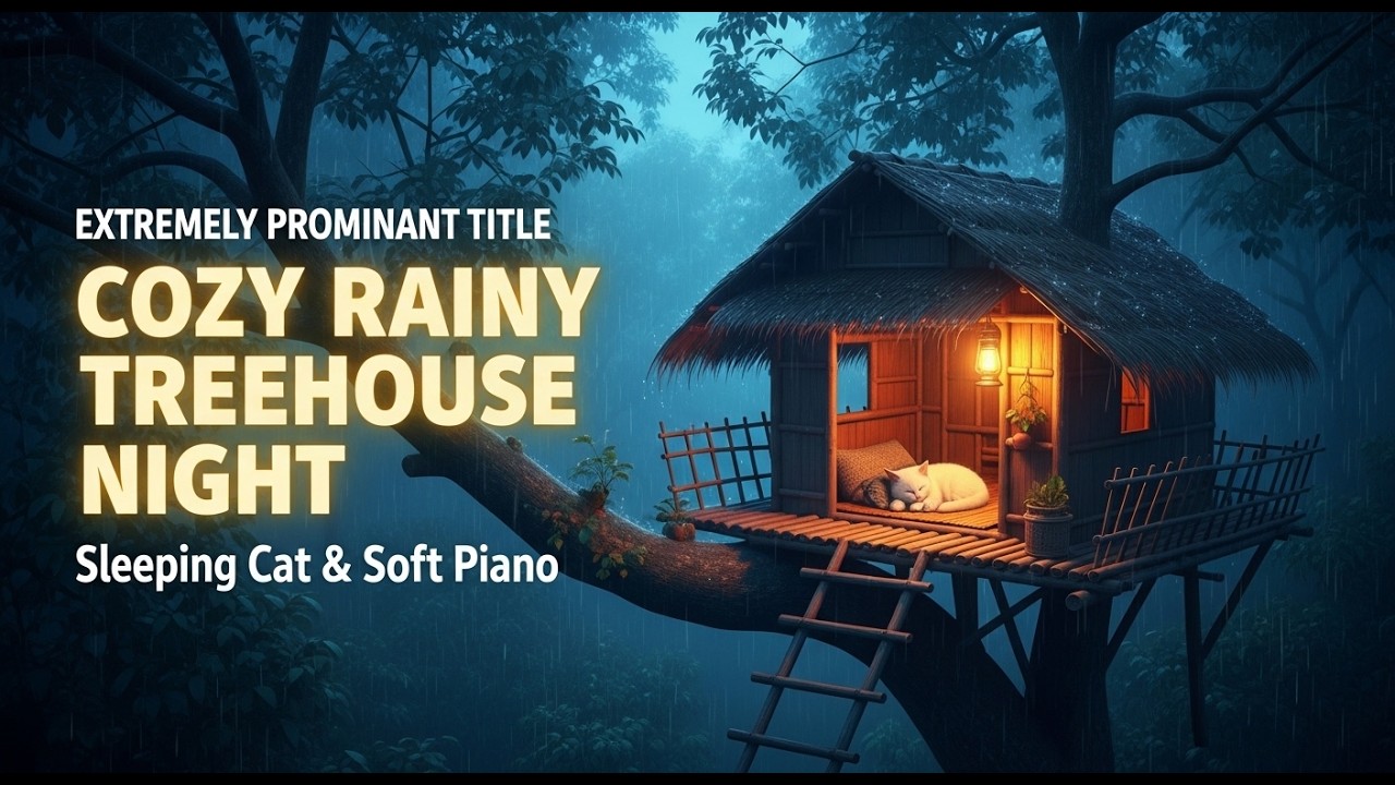 Rainy Night in a Cozy Treehouse 🌧️ Sleeping Cat | Relaxing Rain & Soft Piano