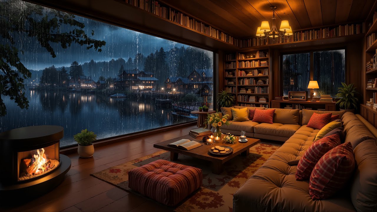 Cozy Lakeview Cabin Jazz 🌧️🔥 Rain Outside, Warm Fireplace & Peaceful Night Ambience