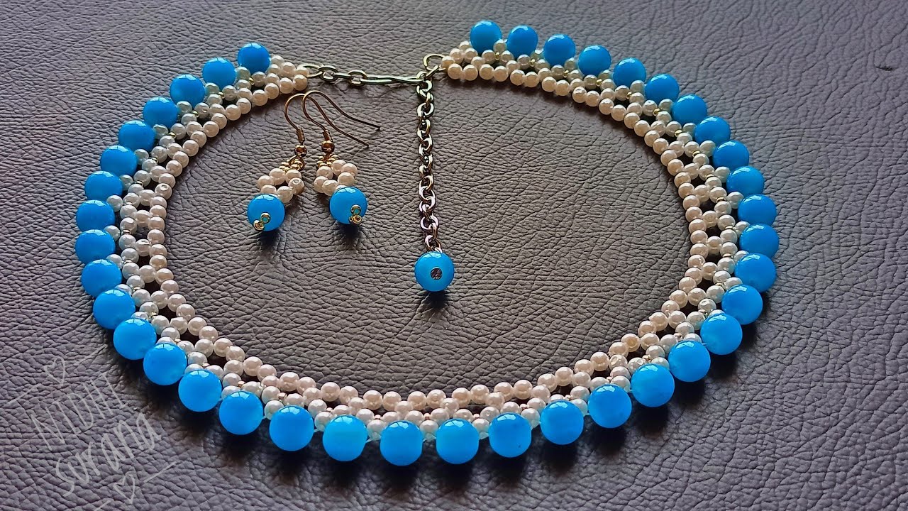 ⚜️Blue Gemstone & Pearl Necklace & Earrings/ Beaded Jewelry Tutorial Diy