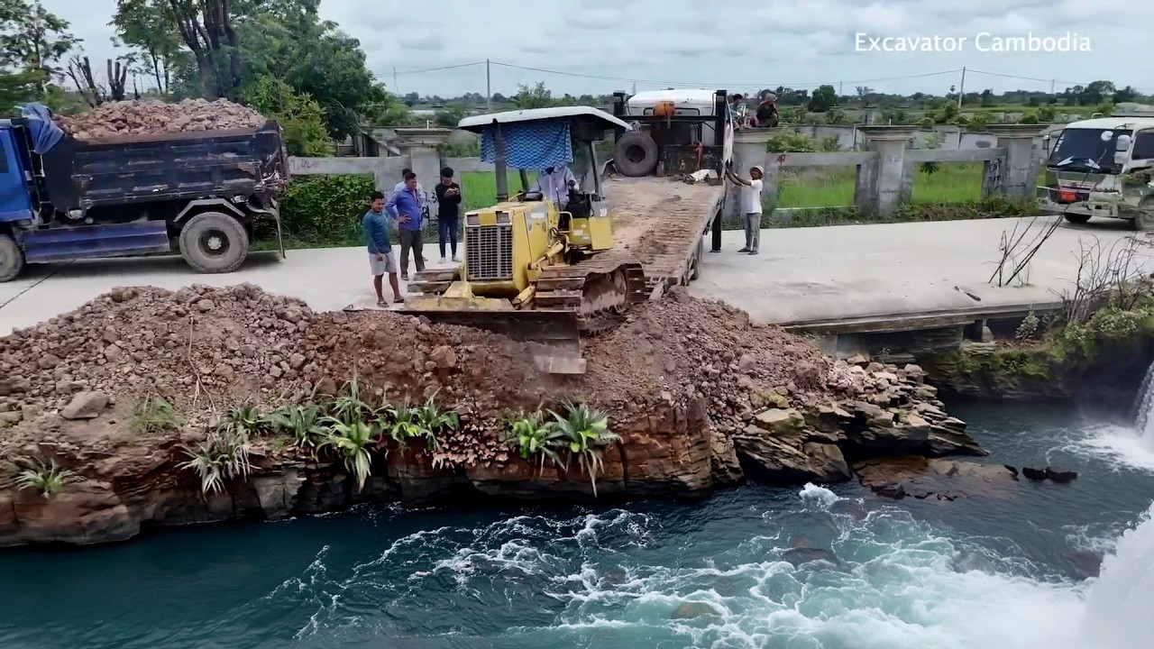 Hello ! Bulldozer And Team Work Dump Trucks 5Ton Unloading Soil filling Up Project Mix ,