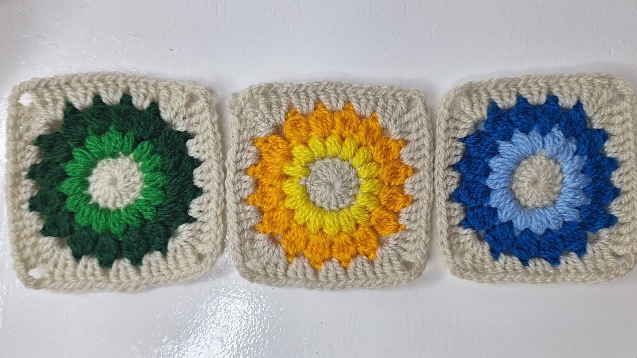 Crochet sunflower granny square كروشيه مربع جراني زهرة عباد الشمس