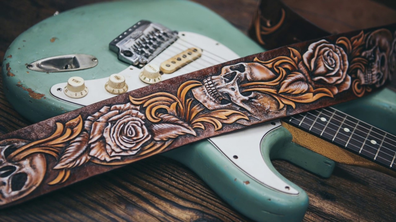 Making a carved ,tooled & dyed skulls and roses leather guitar strap (time-lapse)