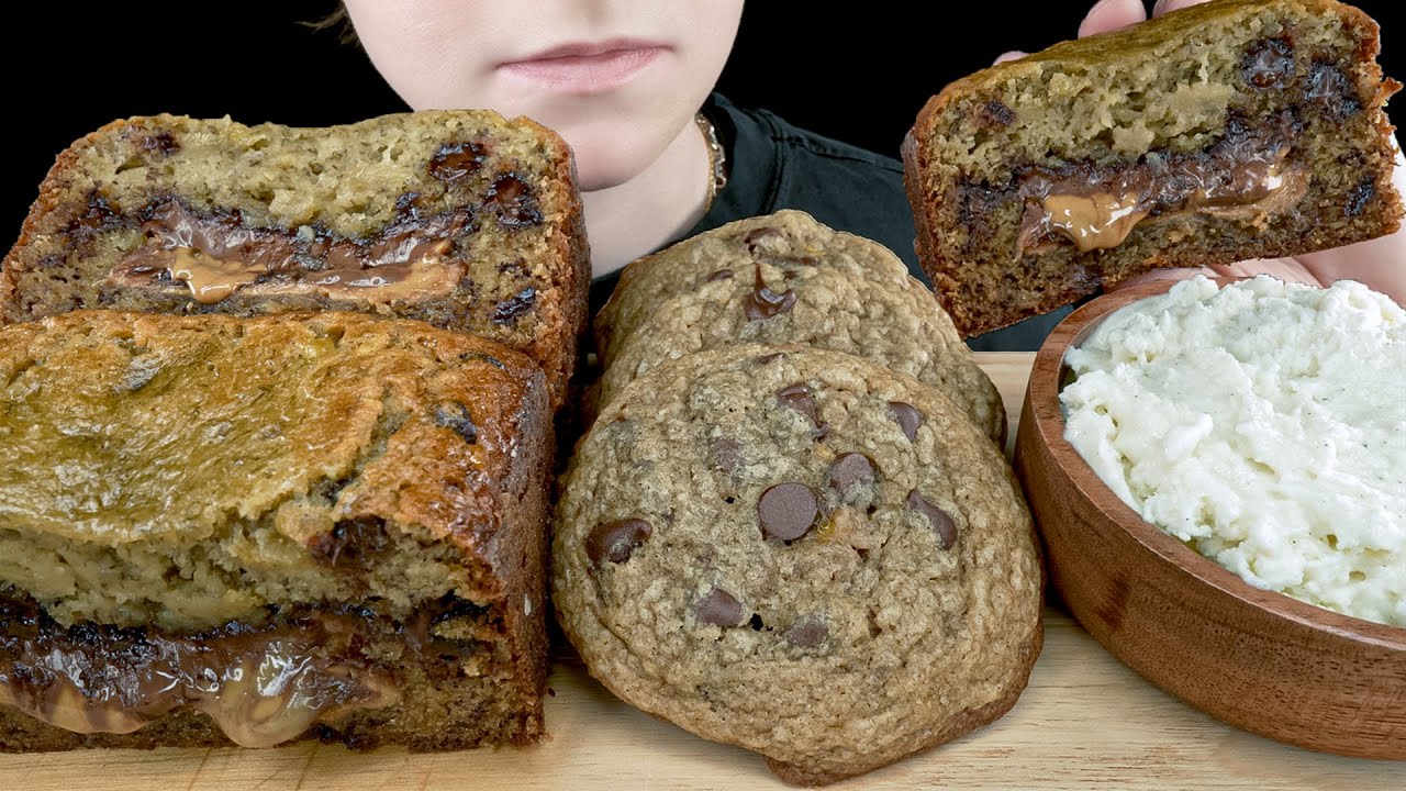ASMR NUTELLA PEANUT BUTTER STUFFED BANANA BREAD, BANANA CHOCOLATE CHIP COOKIES & ICE CREAM MUKBANG