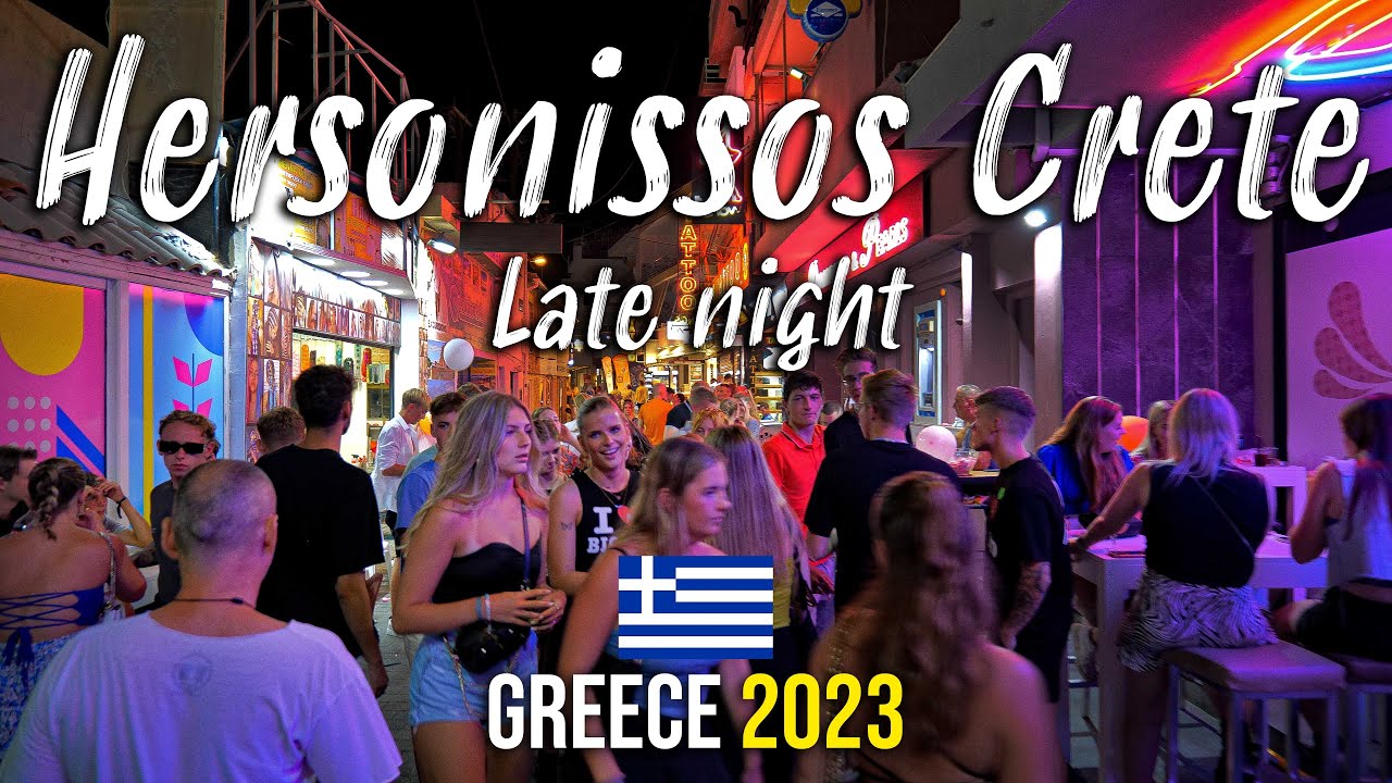 Hersonissos Crete, late night walking tour 4k, Kreta, Greece 2023