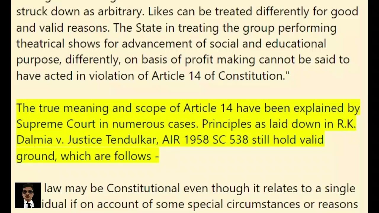 Article 14 prohibits is class legislation and not reasonable classification, purpose of legislation