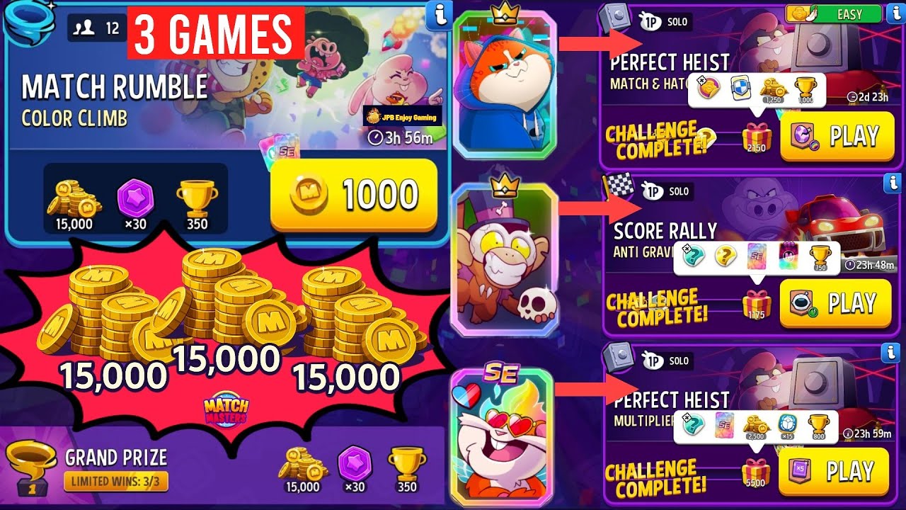 FREE COINS/Match Rumble Color Climb/ 3 Solo/ Match & Hatch / Anti Gravity/Multiplier Madness