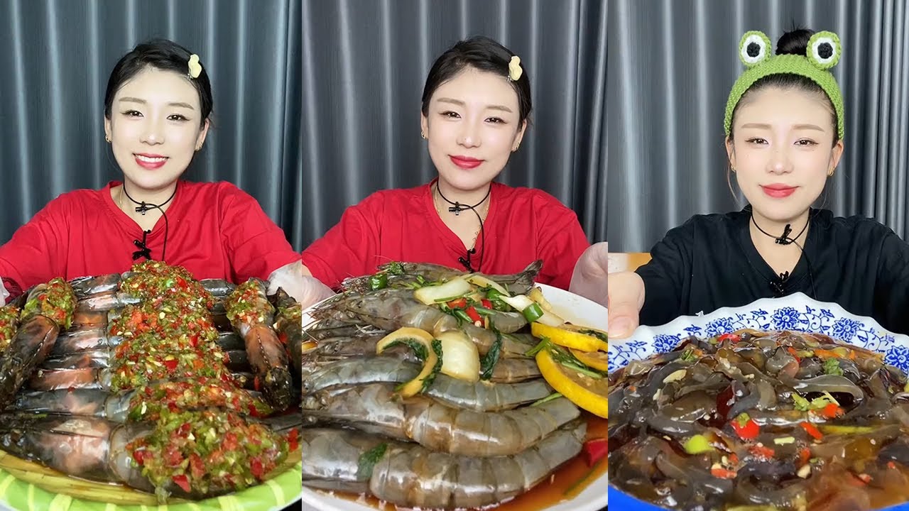 【Mukbang】Filled Thai shrimp + stir-fried shrimp + spicy and sour jellyfish🦐🌶🧄🍋#Seafood#asmr#yummy