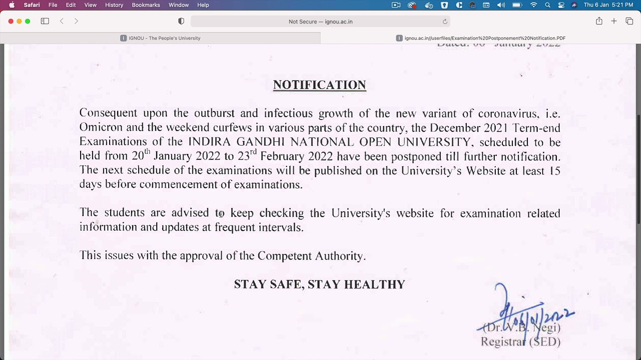 Ignou Exam cancelled 2022 Latest News  | December 2021 Term End Examination postponed till further