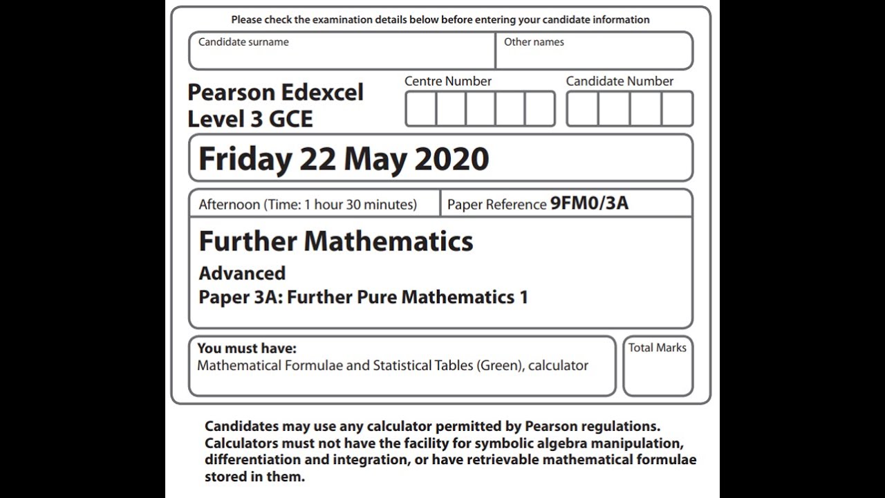 Further Pure 1 2020 Pearson Edexcel Further Maths A level