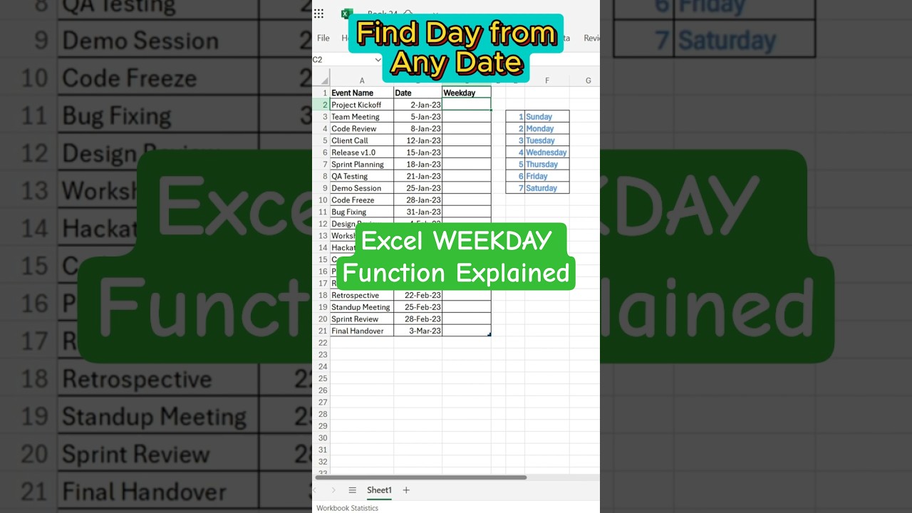 Excel WEEKDAY Function Explained in 30 Seconds | Find Day of the Week Easily