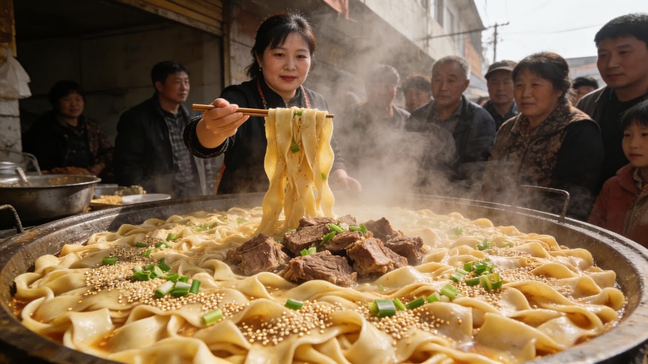 安徽太和美女卖板面，一锅羊油5000块，7元一碗还给肉！【好食勇哥】