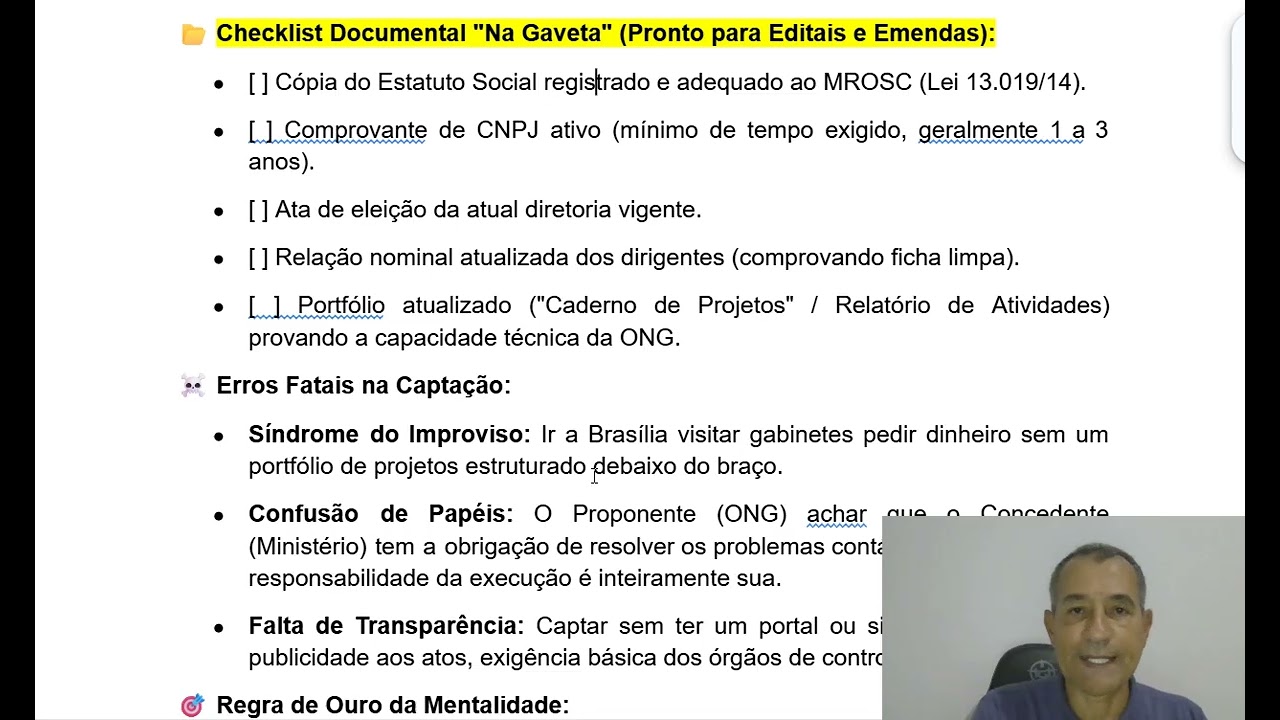 AULA 1 - BLOCO 2 - CHECKLIST ESTRATÉGICO E REGRAS DE OURO - CAPTAÇÃO RECURSOS - TERCEIRO SETOR