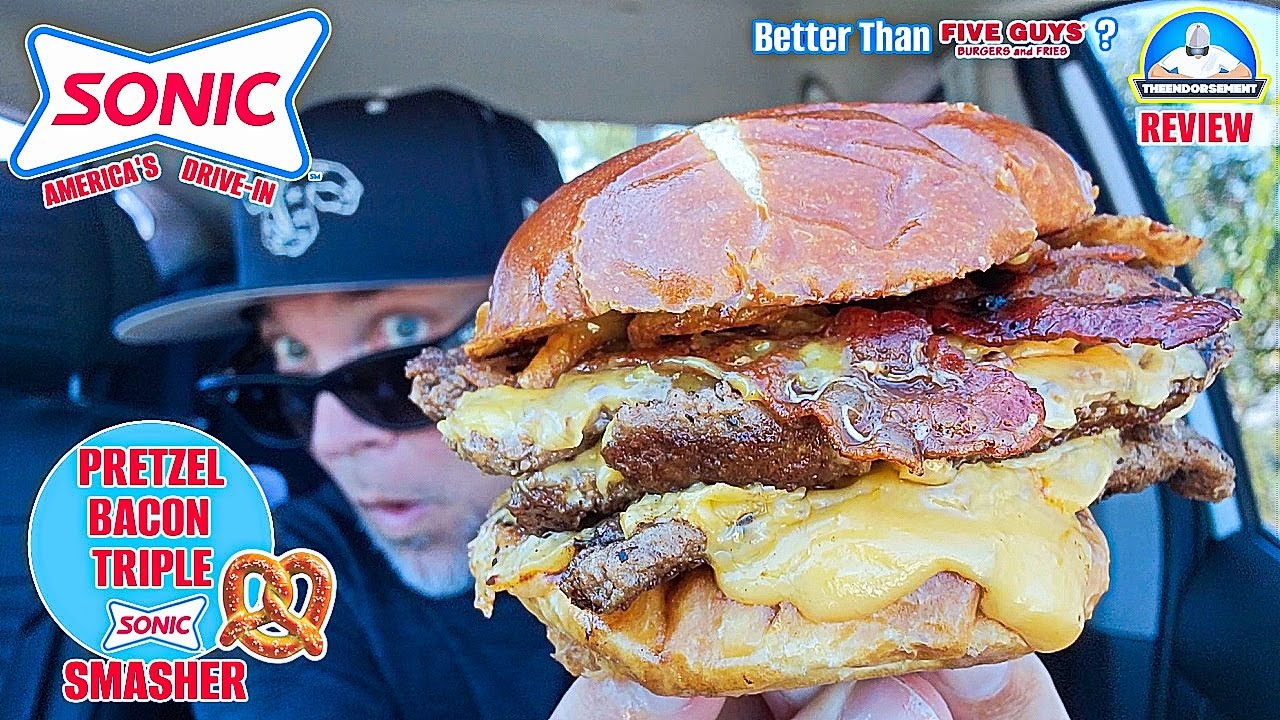 Обзор Sonic® Pretzel Bacon Triple Sonic Smashburger! 🥨🥓🍔🍔🍔 | Лучше, чем 5 Guys®? | theendorsement