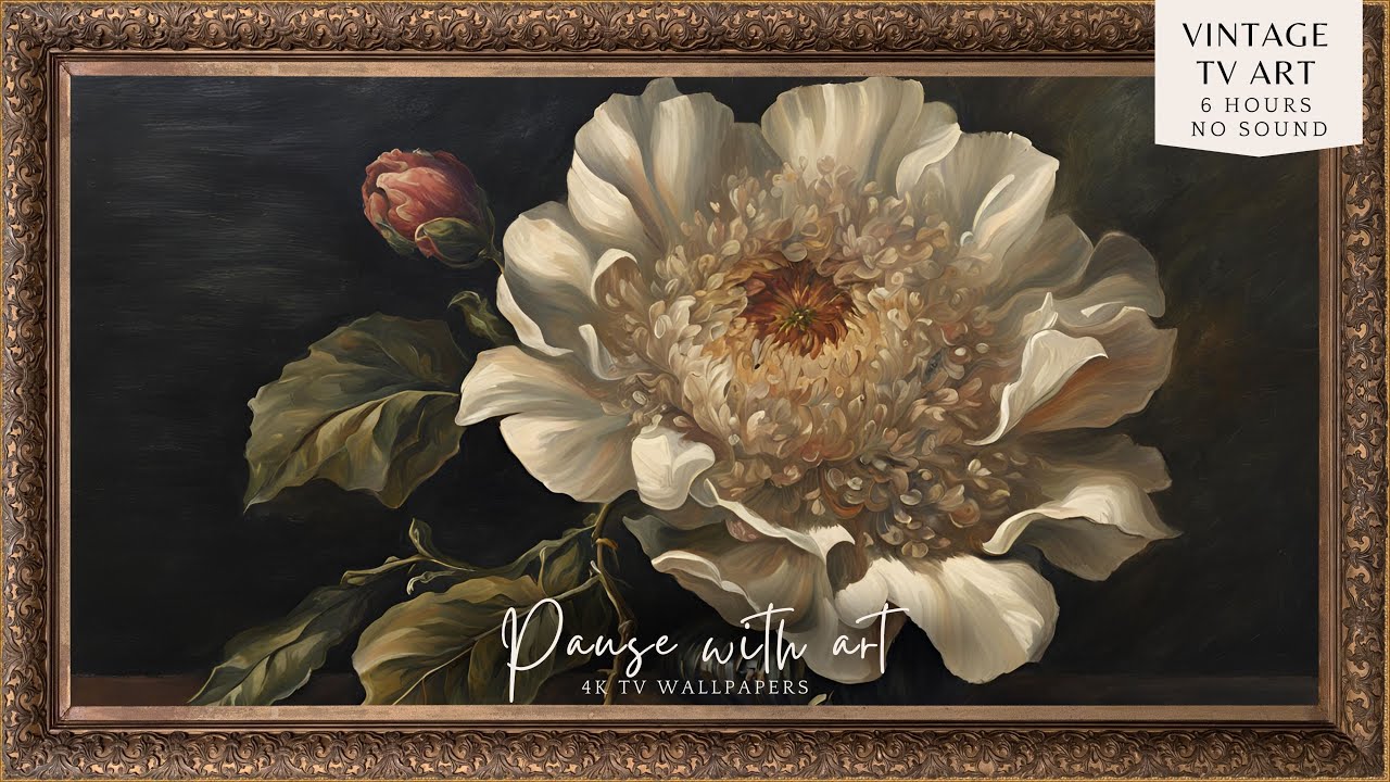 4K Vintage Frame TV Art Neutral Bright Flower | Oil Painting Style | Moody Dark TV Background