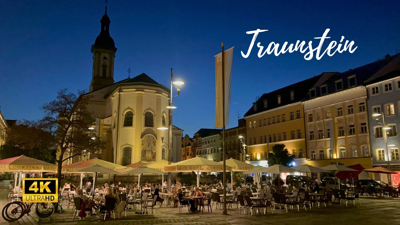 Traunstein, Germany - Walking in the Night Through the Enchanting Town - 4K