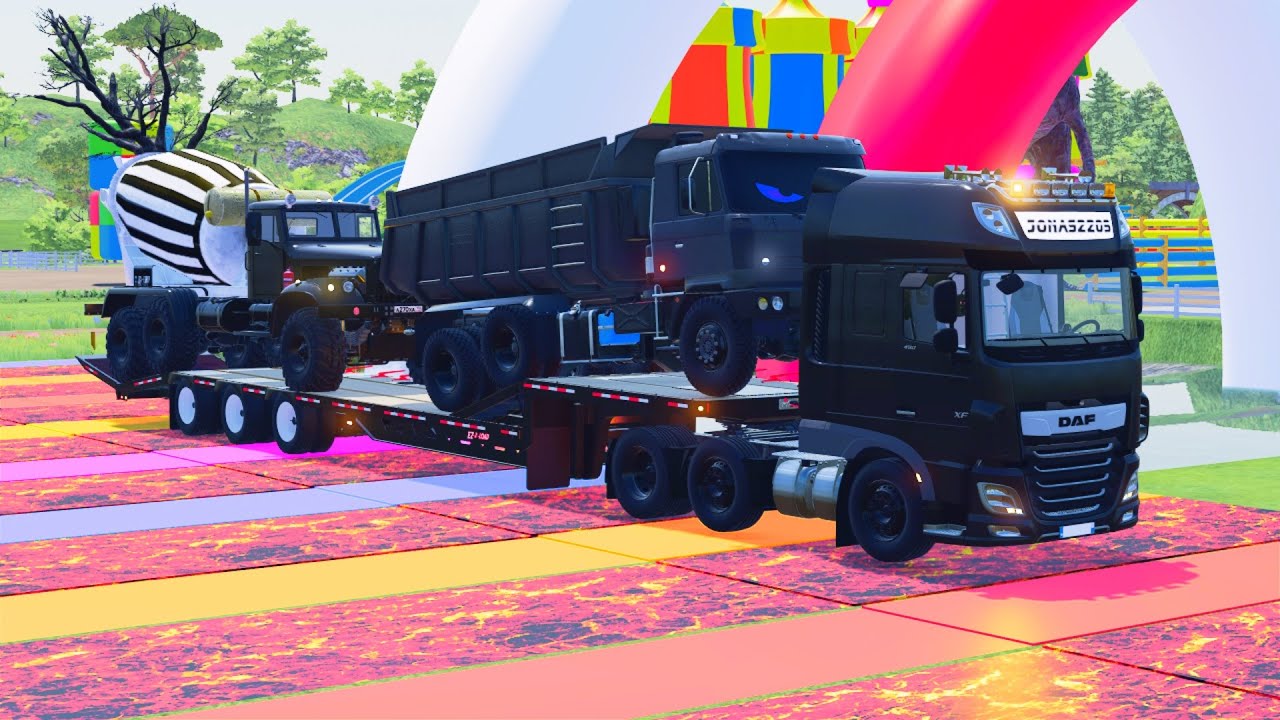Garage with Colors - ALL MIXER TRUCK WITH DOUBLE FLATBED TRAILER TRUCK, KRAZ, DAF, TATRA - FS22