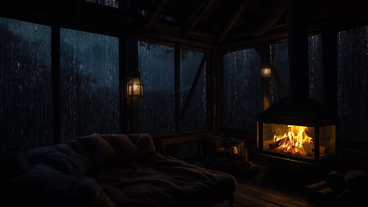 Relaxing Rainy Night in a Cozy Wooden Cabin with Warm Fireplace | Cozy Ambience to Deep Sleep