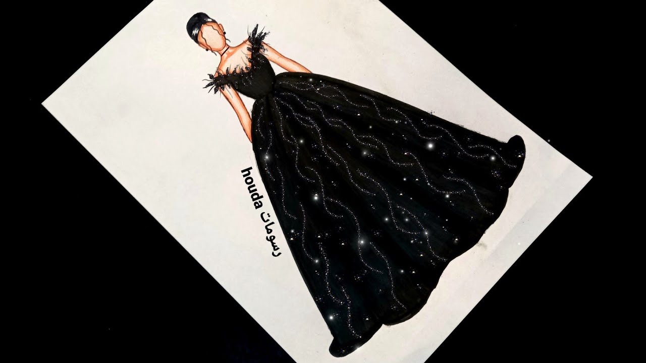 رسم فستان سهرة أسود منفوش جميل خطوة بخطوة /Beautiful black evening dress drawing
