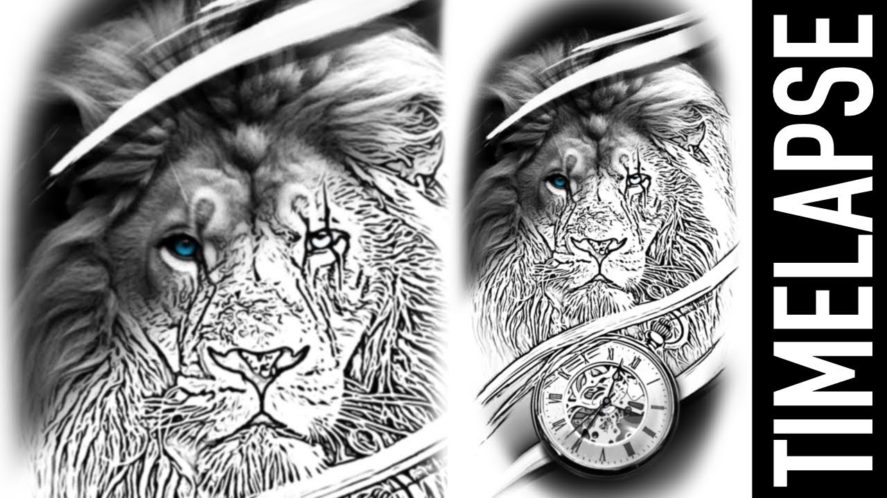 Lion & Clock - Clients FIRST tattoo!  - TATTOO TIMELAPSE