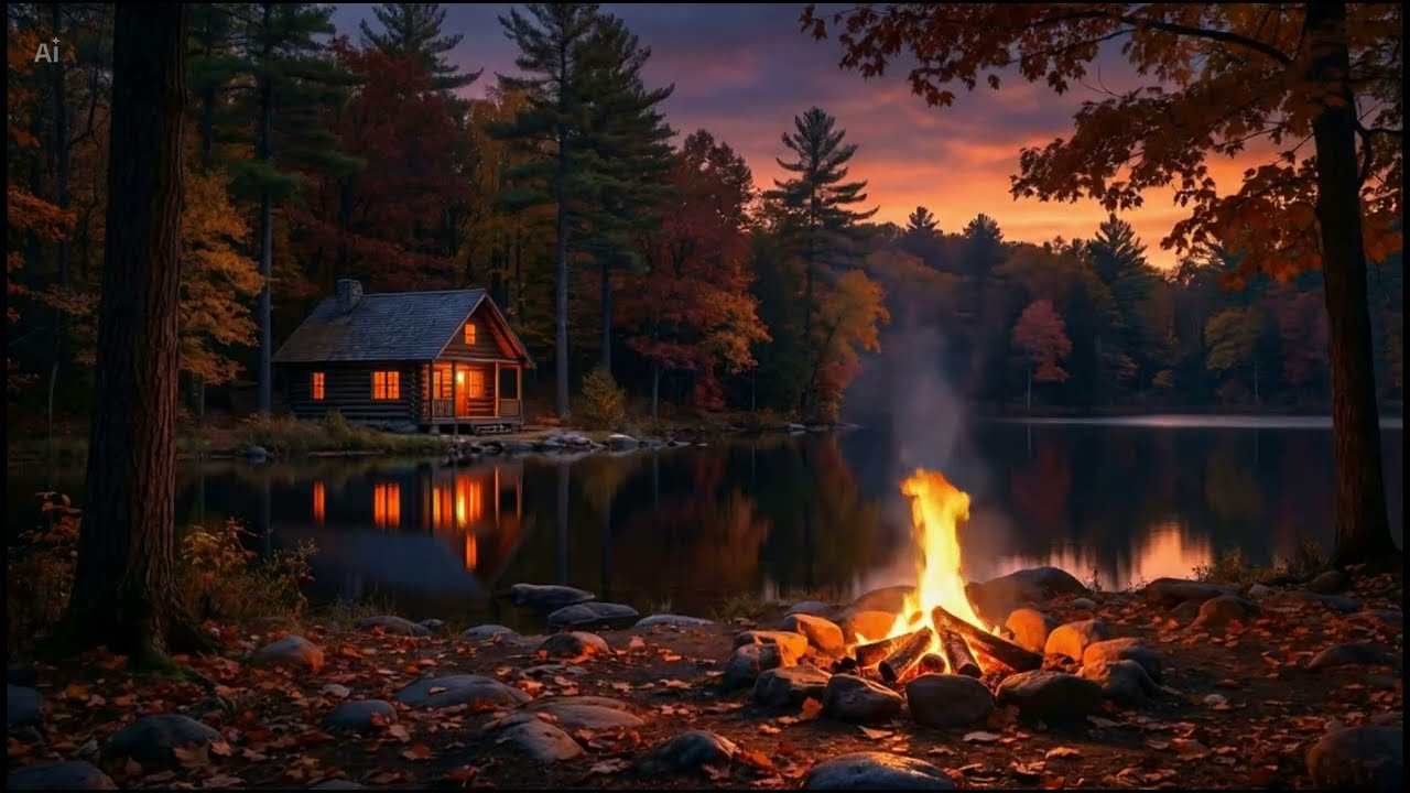 Cozy Cabin by the Lake 🍂 Campfire & Night Ambience for Deep Sleep | 3.5 Hours
