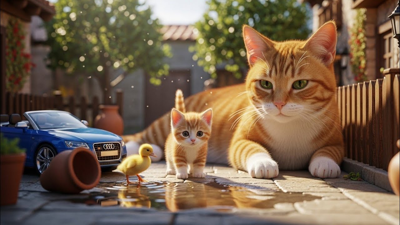 Mama Cat Watches as Her Kitten Meets a Lost Duckling