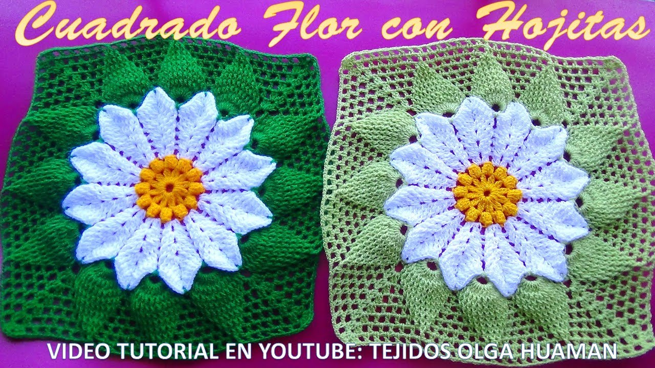 Muestra Cuadrada a crochet FLOR con Hojas en Relieves paso a paso para Colchas y cojines