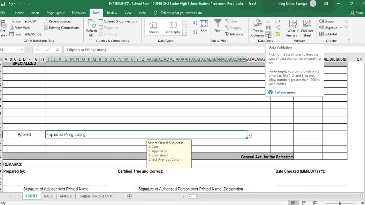 How to edit Subjects in SF10 (Drop down list)  (UNPROTECT the sheet first under REVIEW tab)