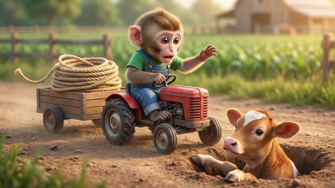 Baby Monkey’s Rope Rescue! Calf Stuck in a Deep Farm Hole 🐒🚜🐄