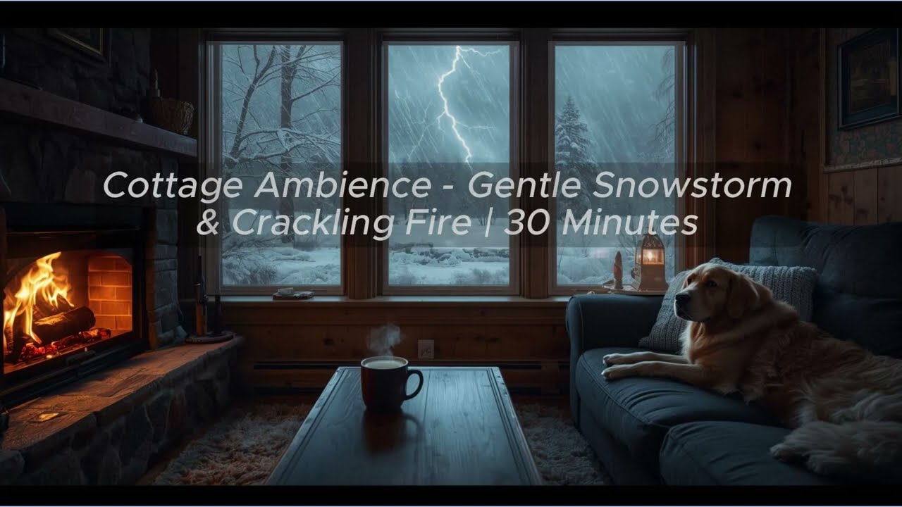 Cottage Ambience - Gentle Snowstorm & Crackling Fire | 30 Minutes.